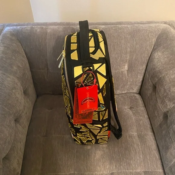 Sprayground Black and Gold Handmade Mirror Burst Super Exclusive Mosaic Backpack